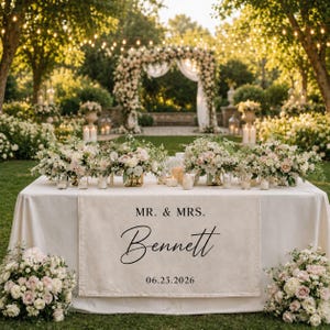 May include: A cream-colored wedding table runner featuring the printed text MR. & MRS. Bennett and the date 06.23.2026. The runner is draped over a table decorated with floral arrangements, set against an outdoor garden wedding backdrop.