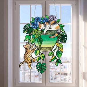 Cat Flower Pot Acrylic Window Hanging Suncatcher, Faux Stained Glass Style Sleeping Kitten and Monstera Plant Ornament for Home Decor