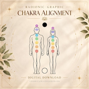 Può includere: Un grafico digitale intitolato RADIONIC GRAPHIC CHAKRA ALIGNMENT che presenta due sagome umane con sette simboli chakra colorati allineati verticalmente lungo il centro di ogni corpo. Il design include un'icona di loto, due cerchi e del testo.