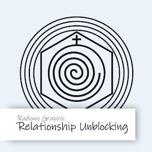 May include: A black and white graphic with a spiral design inside a hexagon shape, topped with a cross, surrounded by concentric circles. The text "Radionic Graphic Relationship Unblocking" is displayed below the graphic.