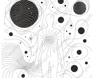 Stampa artistica dell'anima cosmica: illustrazione dell'universo spirituale, arte murale per la meditazione, disegno astratto dell'energia celeste, arte lineare dell'anima cosmica