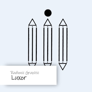 May include: A minimalist graphic design featuring three vertical black lines with triangles at the top and a downward-pointing triangle at the bottom. A black circle is above the center line. The text "Radionic Graphic Luxor" is on a white rectangle.