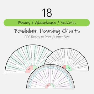 May include: A set of three semicircular pendulum dowsing charts for money, abundance, and success. The charts feature text labels including "18", "Money / Abundance / Success", "Pendulum Dowsing Charts", and "PDF Ready to Print / Letter Size".