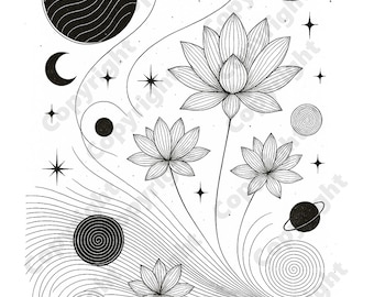 Disegno lineare di fiori di loto, opera d'arte spirituale dell'universo cosmico, decorazione murale per la stanza della meditazione e della guarigione, disegno in bianco e nero