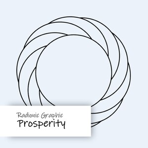 Puede incluir: Un diseño de arte lineal negro de una forma circular con un círculo central abierto. El diseño está formado por líneas curvas que crean un efecto tejido o trenzado. El texto "Radionic Graphic Prosperity" se muestra en un rectángulo blanco.