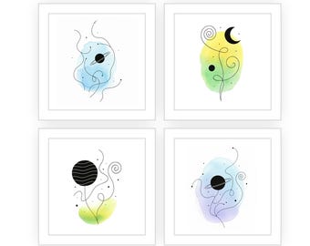 Pacchetto di 4 stampe artistiche spirituali di meditazione cosmica in miniatura con acquerello dell'universo