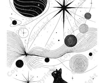 Stampa artistica di linea di gatto nero cosmico - Illustrazione dell'universo spirituale, opera d'arte energetica di meditazione, decorazione celeste astratta, disegno artistico