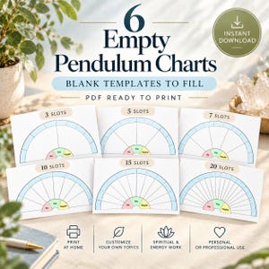 May include: Six empty pendulum charts on white paper templates with varying slot counts of 3, 5, 7, 10, 15, and 20. Each chart features a semi-circular design with blue borders and small sections labeled No, Yes, and Maybe in red, green, and yellow.