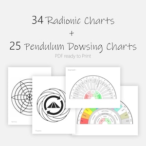 May include: A collection of white printed charts with black line art and text. The text reads "34 Radionic Charts + 25 Pendulum Dowsing Charts PDF ready to Print." The charts feature geometric designs and diagrams.