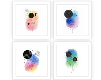 Pacchetto di 4 opere d'arte moderne astratte con universo cosmico ad acquerello, download digitale