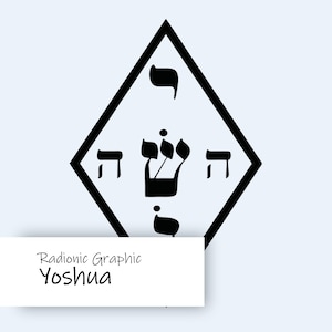 Op de afbeelding: Een zwart-wit grafiek met Hebreeuwse letters in een ruitvorm. De tekst "Radionic Graphic Yoshua" wordt weergegeven op een witte rechthoek onderaan de afbeelding.
