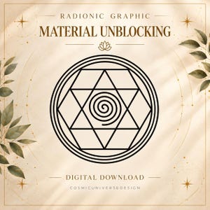 Pode incluir: Uma impressão gráfica digital com o texto RADIONIC GRAPHIC MATERIAL UNBLOCKING, DIGITAL DOWNLOAD e COSMICUNIVERSEDESIGN. O design inclui uma espiral preta central dentro de um padrão geométrico de estrela e círculo num fundo bege.