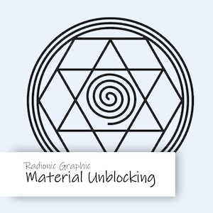 May include: A black and white geometric design featuring a six-pointed star within a circle, with a spiral in the center. The text "Radionic Graphic Material Unblocking" is displayed on a white rectangular banner below the design. The background is a light blue.
