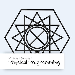 Puede incluir: Diseño geométrico negro con el texto "Radionic Graphic Physical Programming" en un rectángulo blanco. El diseño presenta un hexágono, triángulos y un círculo con líneas que se cruzan, todo en negro sobre un fondo azul claro.