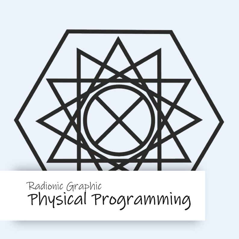Pu&ograve; includere: Design geometrico nero con il testo "Radionic Graphic Physical Programming" su un rettangolo bianco. Il design presenta un esagono, triangoli e un cerchio con linee intersecanti, il tutto in nero su sfondo azzurro.