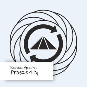 May include: A black and white graphic with a central triangle shape within a circular arrow design, surrounded by a spiral pattern. The text "Radionic Graphic Prosperity" is displayed on a white rectangle.