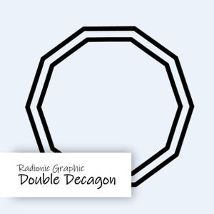 Könnte beinhalten: Schwarze Doppel-Dekagon-Grafik auf hellblauem Hintergrund. Die Grafik hat einen doppelten Umriss. Der Text "Radionic Graphic Double Decagon" befindet sich in einem weißen Rechteck unten.