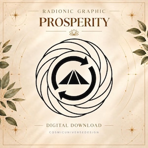 May include: A beige graphic print featuring the text RADIONIC GRAPHIC PROSPERITY and DIGITAL DOWNLOAD. The center displays a black pyramid icon enclosed by two circular arrows, surrounded by a swirling line pattern and decorative leaf illustrations.