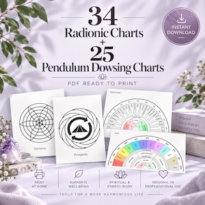 May include: A collection of 34 radionic charts and 25 pendulum dowsing charts in a printable PDF format. The display features white cards with black geometric designs, including labels for Harmony, Prosperity, Body/Health, and Aura, with text.