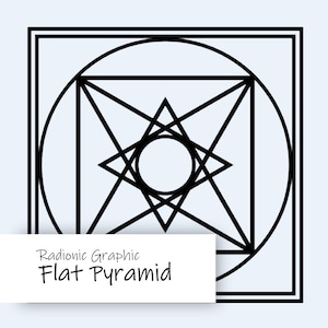 May include: Black and white geometric graphic with a square frame, a circle, and a star-like shape in the center. The text "Radionic Graphic Flat Pyramid" is displayed on a white rectangle at the bottom.