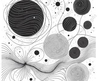 Stampa artistica lineare dell'universo cosmico - Arte murale di meditazione spirituale, disegno celeste astratto, download digitale di decorazioni cosmiche moderne