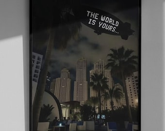 Konsttryck "Världen är din" - Motiverande nattstadslandskapsaffisch, mörk estetisk väggdekor, lyxig livsstilspresent