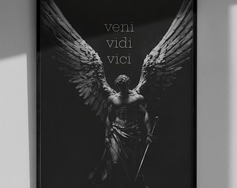 Veni Vidi Vici Greek Mythology Poster - Angelic Warrior Art Print, Black and White Wall Decor