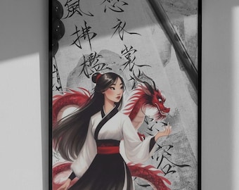 Mulan Princess Poster - Aesthetic Disney Wall Art, Warrior Spirit Character Portrait Print, Red Dragon Mythology Home Decor