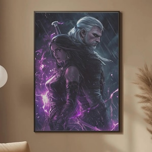 Puede incluir: Ilustraci&oacute;n enmarcada de fantas&iacute;a que representa a un hombre y una mujer. El hombre tiene el pelo blanco y una expresi&oacute;n seria, la mujer tiene el pelo oscuro. El fondo presenta energ&iacute;a p&uacute;rpura y un cielo oscuro y tormentoso. La obra est&aacute; enmarcada en negro.
