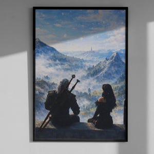 以下が含まれることがあります： 石段に座り、山岳風景を見下ろす2人の人物が描かれた額入りアートプリント。 白髪の男性と黒髪の女性が描かれており、どちらも暗い服装です。 背景には、山々と曇り空の美しい景色が広がっています。