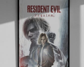 『バイオハザード レクイエム』アートプリント - 新シーズンの美的ゲームポスター、レオン・ケネディ＆アシュリー・グラハムの壁飾り、ホラーファンへのギフト