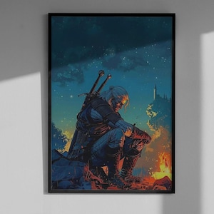May include: Framed art print featuring a seated figure with white hair and two swords on their back, set against a night sky with a castle in the distance. The scene includes a campfire with orange and red flames, creating a dramatic contrast.