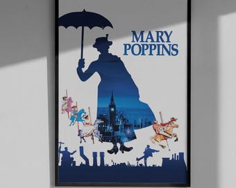 Vintage Mary Poppins Poster - Classic Silhouette Movie Wall Art, Aesthetic London Skyline Print, Retro Nursery Disney Decor