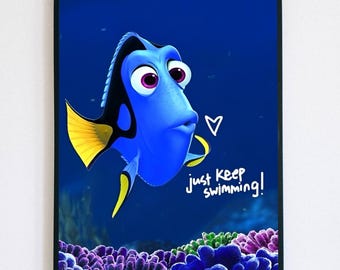 Finding Nemo Dory Poster, Just Keep Swimming Wall Art, Disney Pixar Print, Kids Room Decor, Motivational Movie Poster