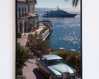 Old Money Aesthetic Poster - Italian Riviera Wall Art, Luxury Car & Yacht Print, Rich Life Manifestation Poster, Mediterranean Villa Decor