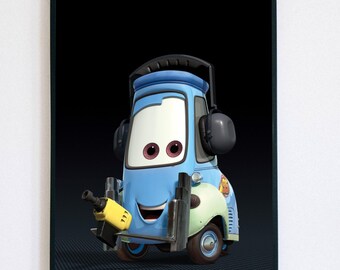 Guido Disney Cars Poster - Aesthetic Cute Cartoon Wall Art, Modern Pit Crew Character Print, Minimalist Kids Playroom Decor