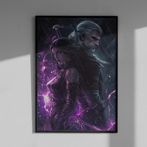 Puede incluir: Una impresi&oacute;n art&iacute;stica enmarcada que presenta una ilustraci&oacute;n de fantas&iacute;a de dos figuras de espaldas. La obra de arte representa a un hombre con cabello blanco y una mujer con cabello oscuro, sobre un fondo de energ&iacute;a p&uacute;rpura y un cielo tormentoso.