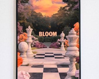 Aesthetic Chess Poster, Bloom Motivation Wall Art, Surreal Checkered Garden Print, Trendy College Dorm Decor, Dreamy Fantasy Gift