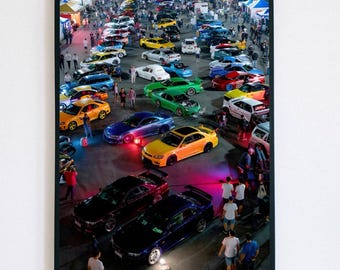 JDM Night Car Meet Poster - Tokyo Drift Style Art Print, Japanese Sports Cars Wall Decor, Neon Night Street Racing Illustration