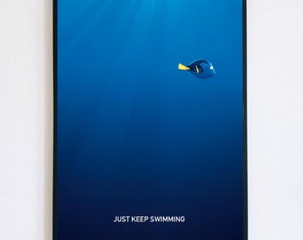 Póster "Sigue nadando, Dory" - Arte de pared estético de Buscando a Nemo, lámina minimalista con cita de Disney Pixar, decoración inspiradora para la habitación del bebé.