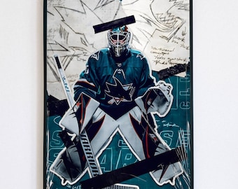 San Jose Sharks Goalie Poster, Hockey Goal Keeper Wall Art, Teal Sports Collage Print, Ice Hockey Room Decor, Gift for Sharks Fans