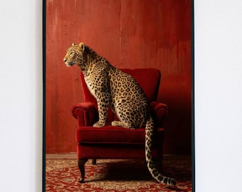 Leopard on Red Armchair Poster - Luxury Velvet Aesthetic Wall Art, Bold Burgundy Animal Decor, Sophisticated Wildlife Home Print -Red Poster