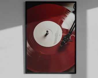 Vintage Vinyl Art Print - Burgundy Red Record Player Poster, Retro Music Room Decor, Audiophile Gift