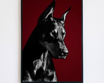 Doberman Pinscher Poster - Dark Luxury Dog Art Print, Black and Maroon Animal Wall Decor, Elegant Canine Illustration, Modern Dog Poster
