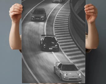 JDM Japanese Night Cars Tokyo Poster - Black and White Drift Wall Art, Digital Download JDM Print, Instant Printable Car Decor