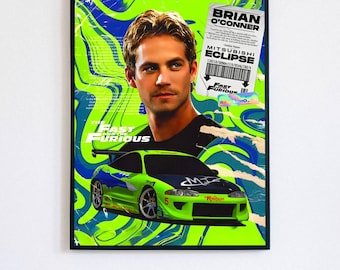 Brian O'Conner Poster - Fast and Furious Art Print, Green Mitsubishi Eclipse Wall Decor, Paul Walker JDM Illustration, Car Enthusiast Poster