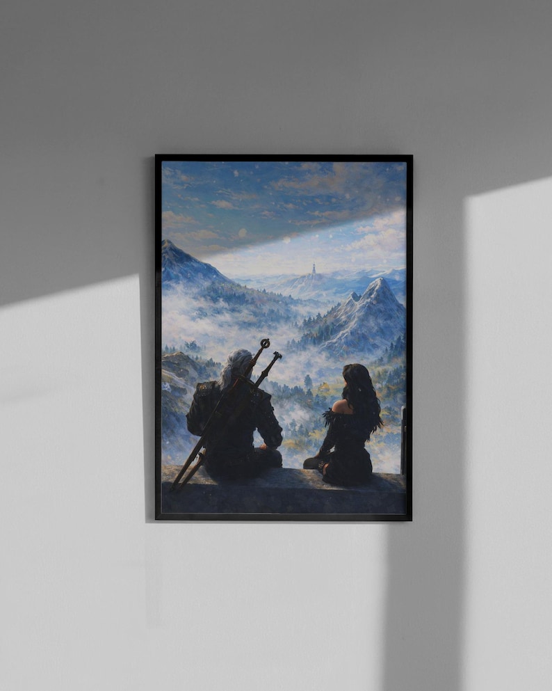 以下が含まれることがあります： 石段に座り、山岳風景を見下ろす2人の人物が描かれた額入りアートプリント。 白髪の男性と黒髪の女性が描かれており、どちらも暗い服装です。 背景には、山々と曇り空の美しい景色が広がっています。