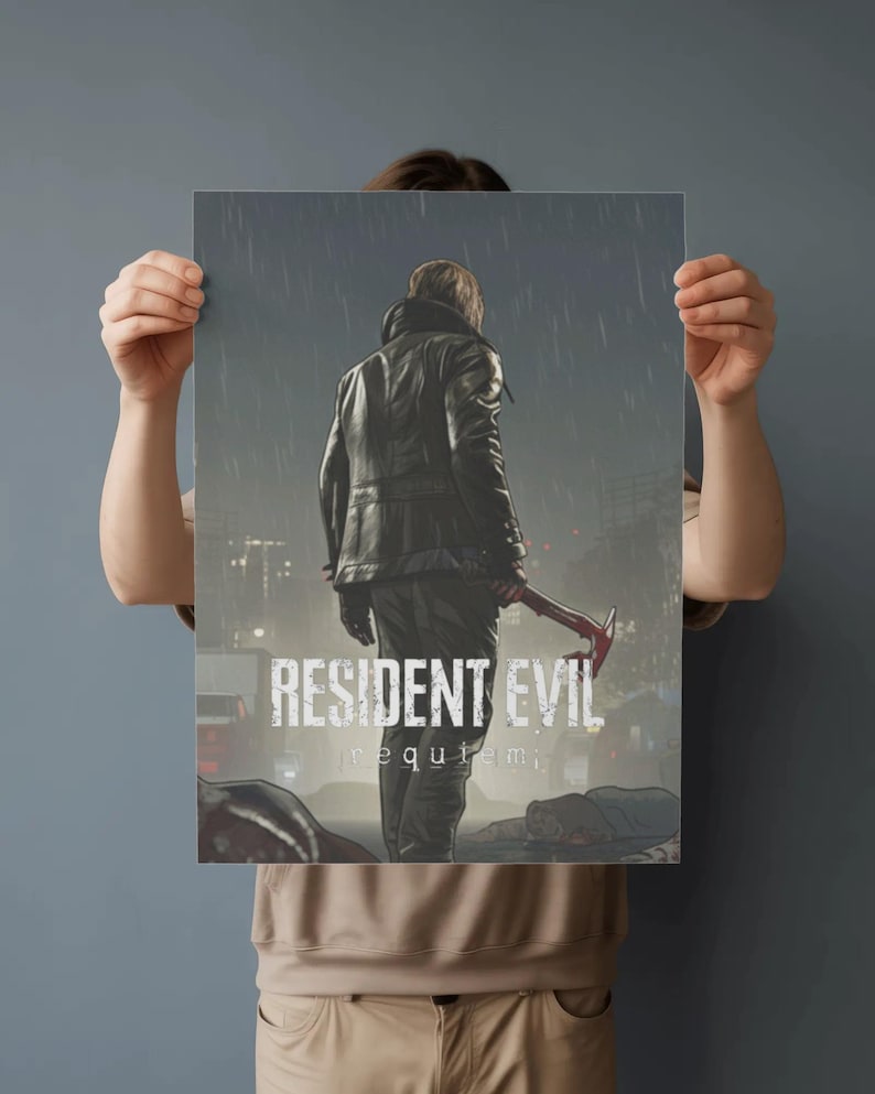 May include: A poster featuring artwork from "Resident Evil: Requiem." The image shows a figure in a leather jacket holding a weapon, set against a rainy cityscape. The game's title is prominently displayed.
