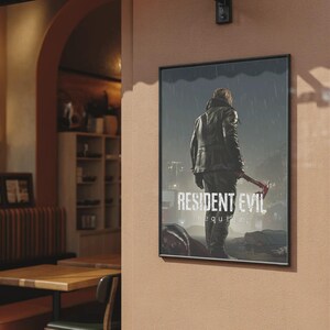 May include: A framed poster on a peach wall, depicting a figure in a leather jacket with a weapon, under a rainy sky. The poster's title is "RESIDENT EVIL: REQUIM". The background shows a cafe interior with tables and chairs.