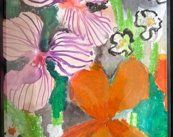 Groovy Orchids, watercolor, gouache, and oil pastel painting of orchids in a shadow box frame, original floral art, framed and ready to hang